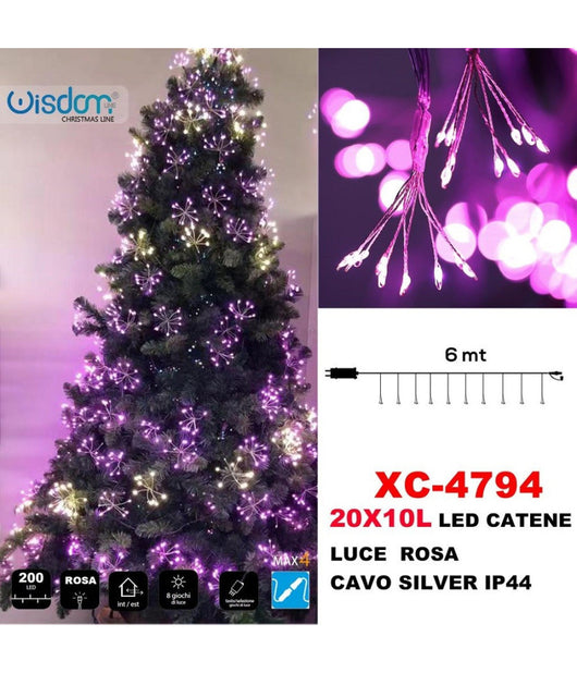 Catena Luminosa 200 Led 20x10 Luci Con Ciuffi Luce Rosa Cavo Silver Ip44 Xc-4794         