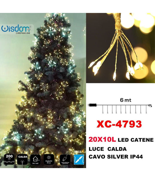 Catena Luminosa 200led 20x10 Luci Con Ciuffi Luce Calda Cavo Silver Ip44 Xc-4793         