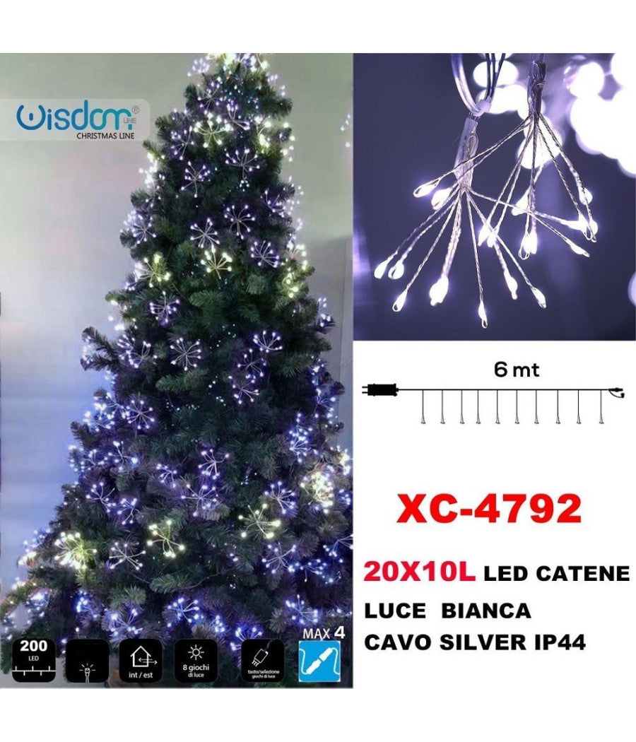 Catena Luminosa 200led 20x10luci Con Ciuffi Luce Bianca Cavo Silver Ip44 Xc-4792         