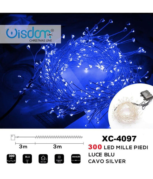 Catena Luminosa 300 Led Mille Piedi Effetto Ramo Luce Blu A Batteria Xc-4097         