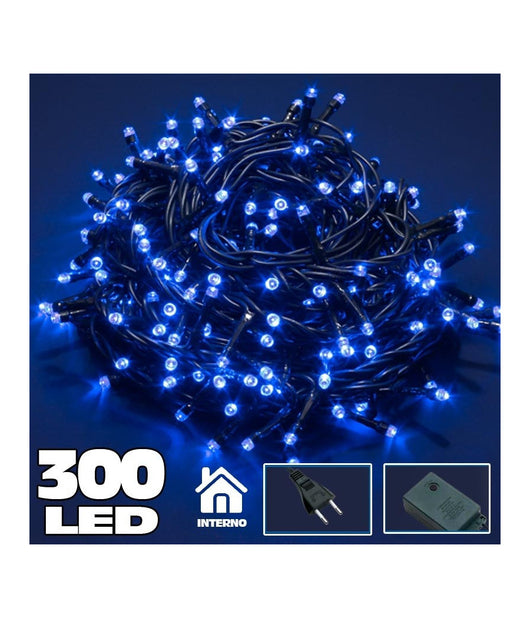 Catena Luminosa 300 Luci Led Lucciole Blu Con Controller 8 Funzioni Interno         