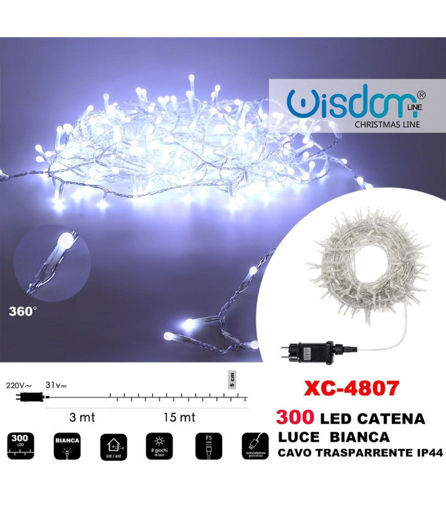 Catena Luminosa 300 Luci Led Lucciole Luce Bianca Cavo Trasparente Ip44 Xc-4807         