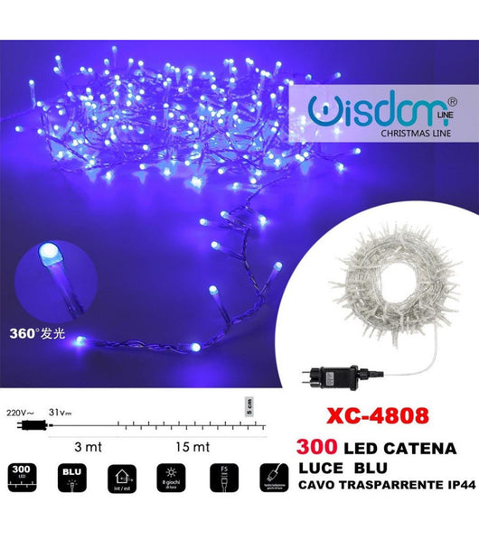 Catena Luminosa 300 Luci Led Lucciole Luce Blu Cavo Trasparente Ip44 Xc-4808         