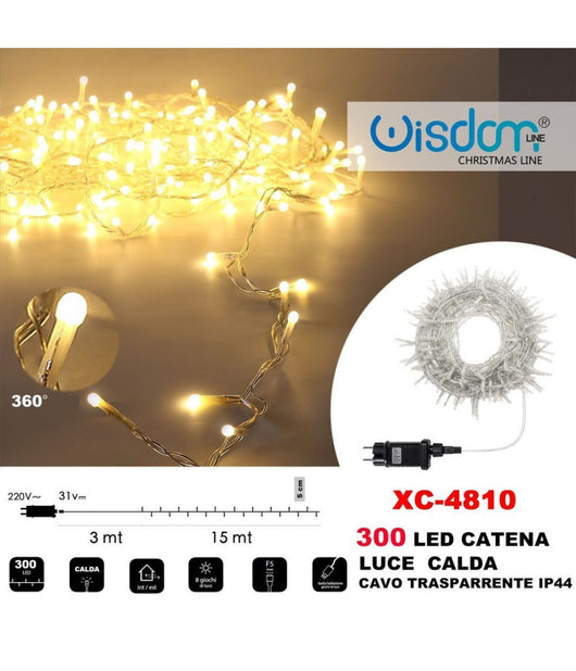 Catena Luminosa 300 Luci Led Lucciole Luce Calda Cavo Trasparente Ip44 Xc-4810         