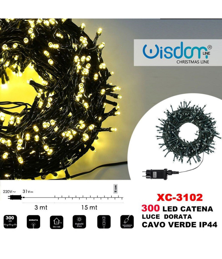 Catena Luminosa 300 Luci Led Lucciole Luce Dorata Cavo Verde Ip44 Xc-3102         