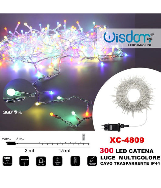 Catena Luminosa 300 Luci Led Lucciole Luce Multicolore Cavo Trasparente Xc-4809         