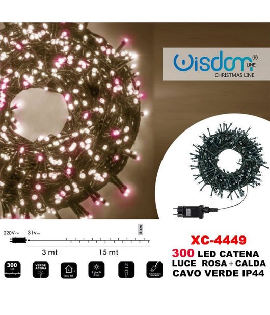 Catena Luminosa 300 Luci Led Lucciole Luce Rosa + Calda Cavo Verde Ip44 Xc-4449         