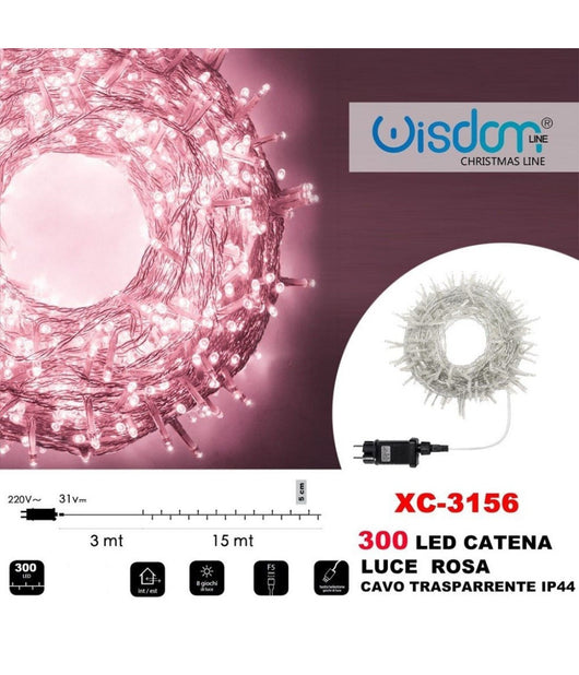 Catena Luminosa 300 Luci Led Lucciole Luce Rosa Cavo Trasparente Ip44 Xc-3156         