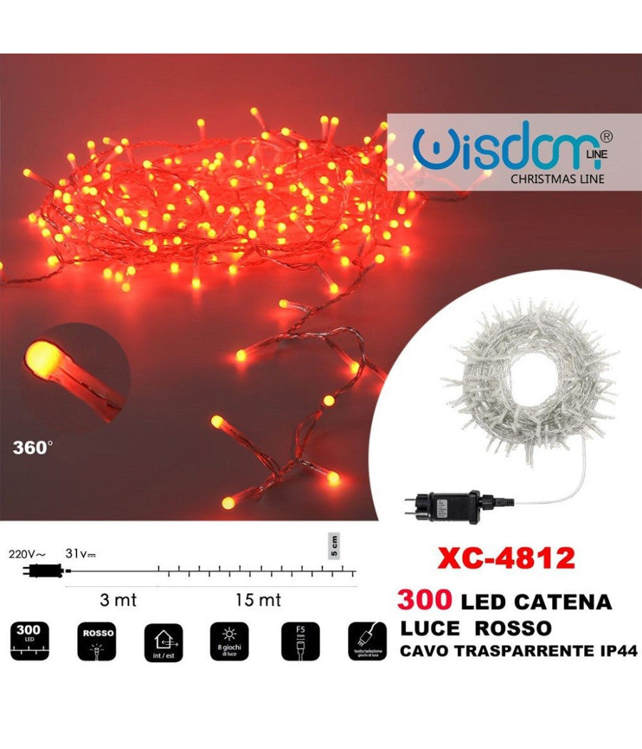 Catena Luminosa 300 Luci Led Lucciole Luce Rosso Cavo Trasparente Ip44 Xc-4812         