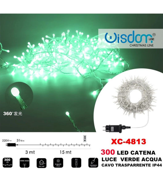 Catena Luminosa 300 Luci Led Lucciole Luce Verde Acqua Cavo Trasparente Xc-4813         