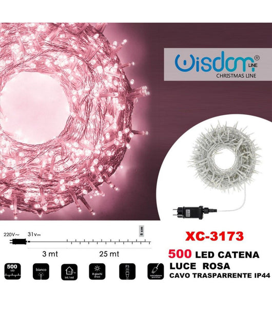 Catena Luminosa 500 Luci Led Lucciole Luce Rosa Cavo Trasparente Ip44 Xc-3173         