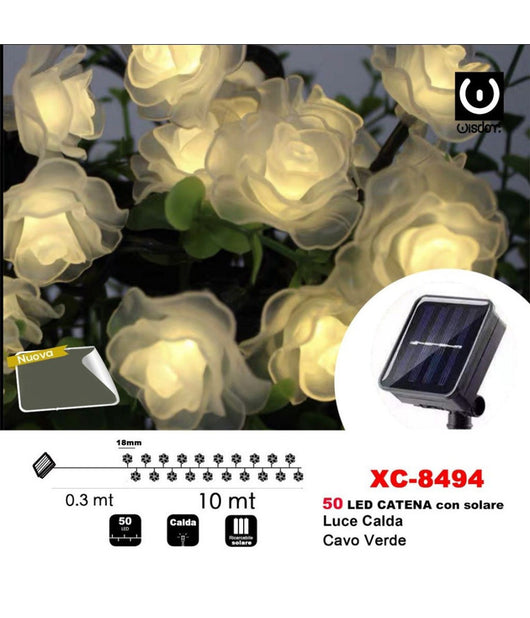 Catena Luminosa 50led Rose Luminose Ricarica Ad Energia Solare Luce Calda Xc-8494         