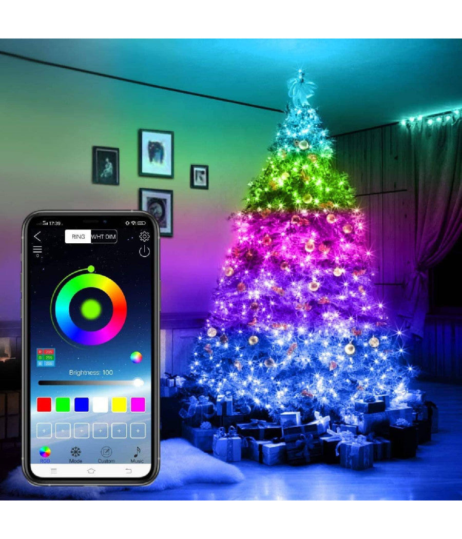 Catena Luminosa A Led Multicolor 10 Mt Con Controllo Remoto Da App Albero Natale         