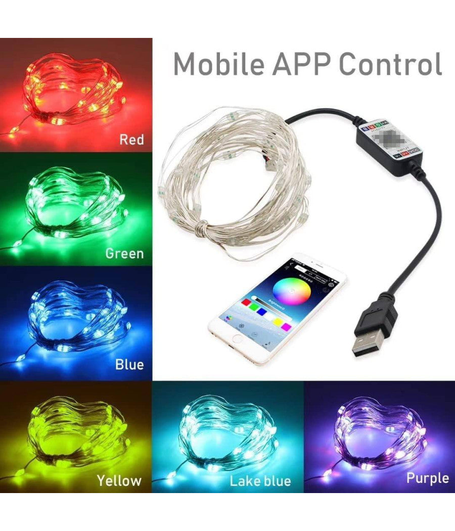 Catena Luminosa A Led Multicolor 10 Mt Con Controllo Remoto Da App Albero Natale         