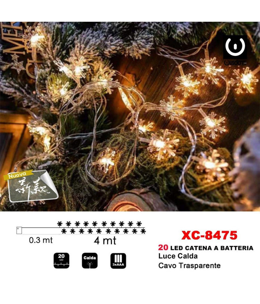 Catena Luminosa Fiocchi Neve 20led A Batteria Luce Calda Cavo Traparente Xc-8475         