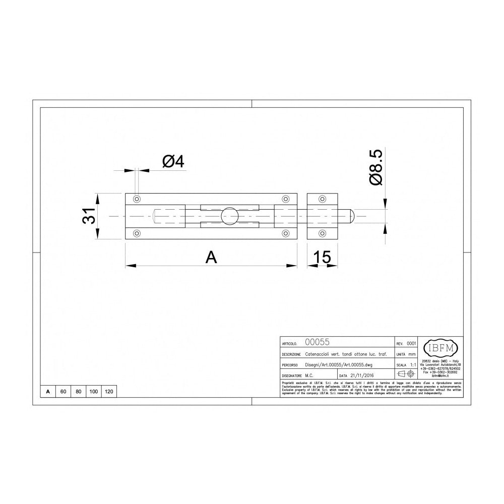 Catenaccio verticale da 120mm in ottone lucido