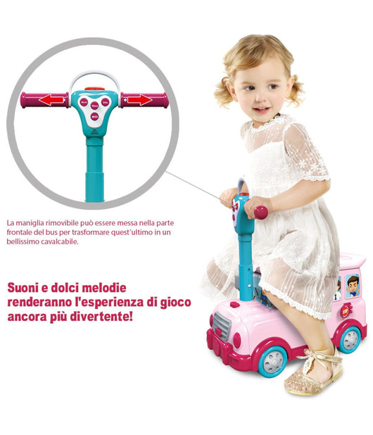 Cavalcabile Trolley Schoolbus Cucina Giocattolo Bambini 3in1 Luci Suoni Accessori         