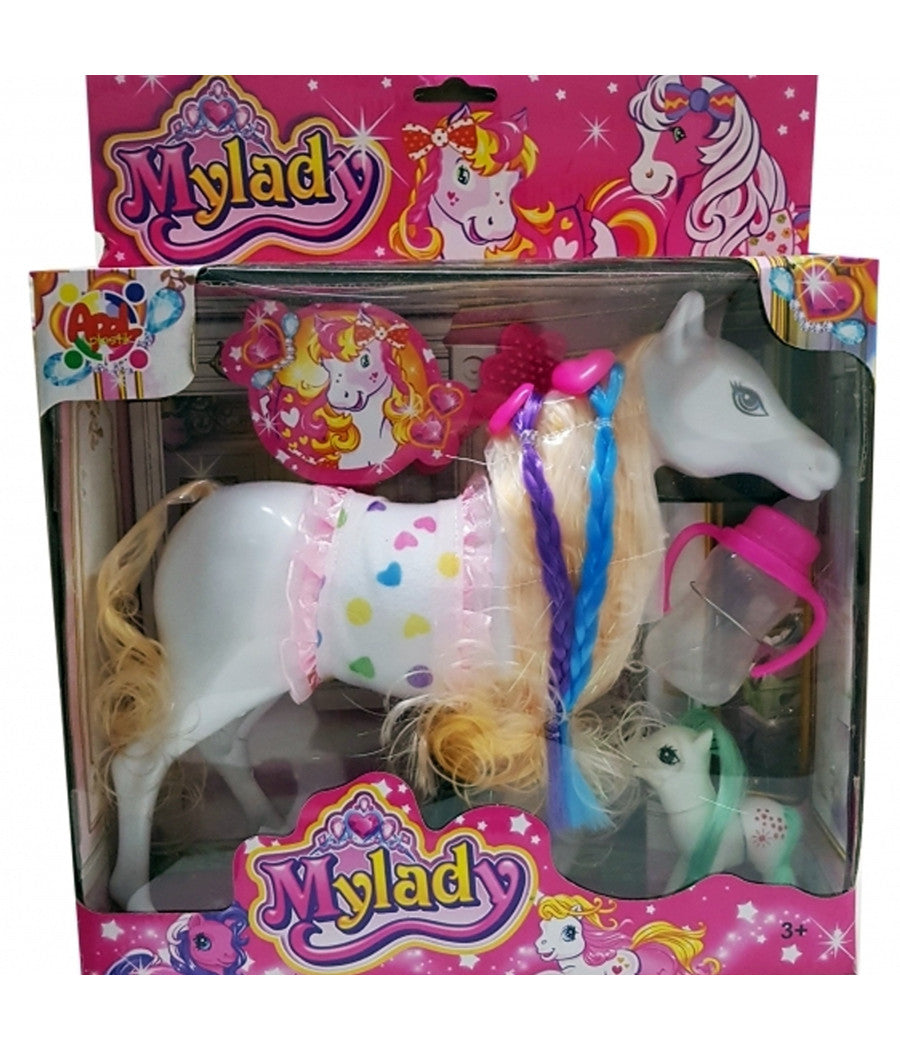 Cavallo My Lady Con Pony Criniera Trecce Pettine Biberon Little Gioco Bambini         