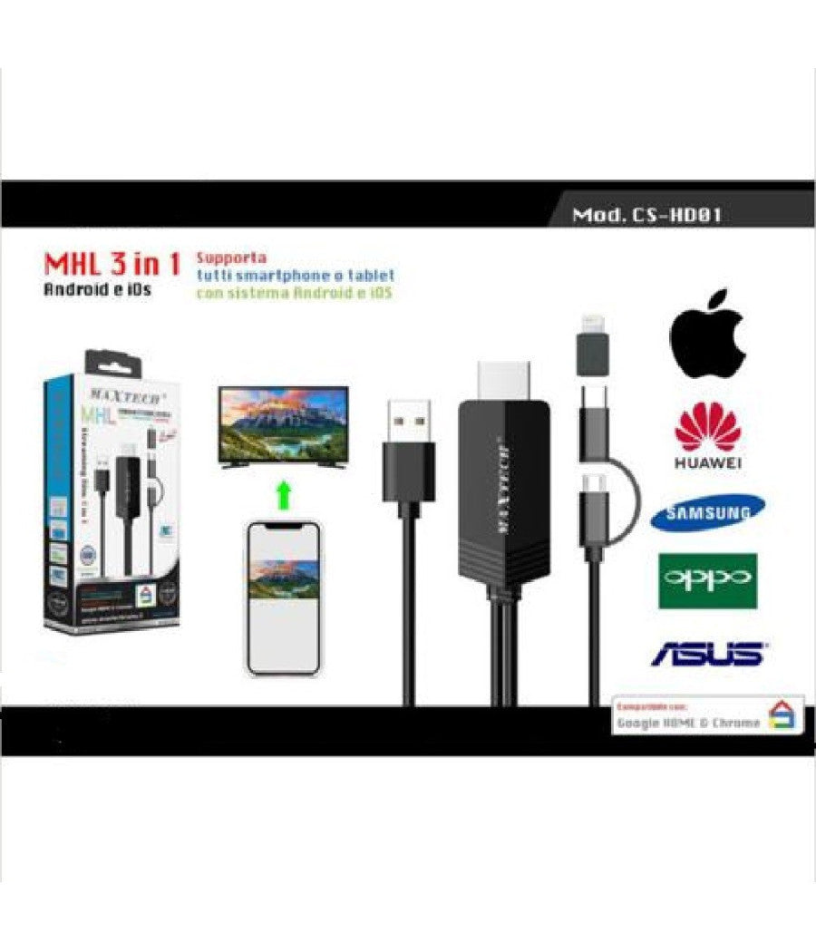 Cavo 3in1 Mhl Streaming Micro Usb Type-c Lightning Per Android Ios Maxtech Cs-hd01         