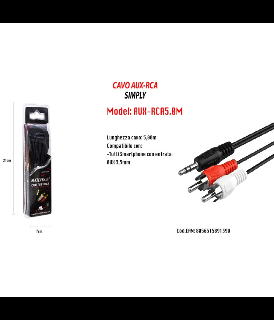 Cavo 5m Audio Da Jack 3,5mm Aux A 2 Rca Maschio Doppio Y Stereo 5 Mt Aux-r5.0m         