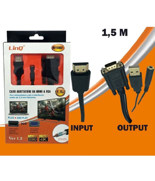 Cavo Adattatore Da Hdmi A Vga Con Alimentazione Usb Jack Audio Femmina 1.5mt Hv1505f         