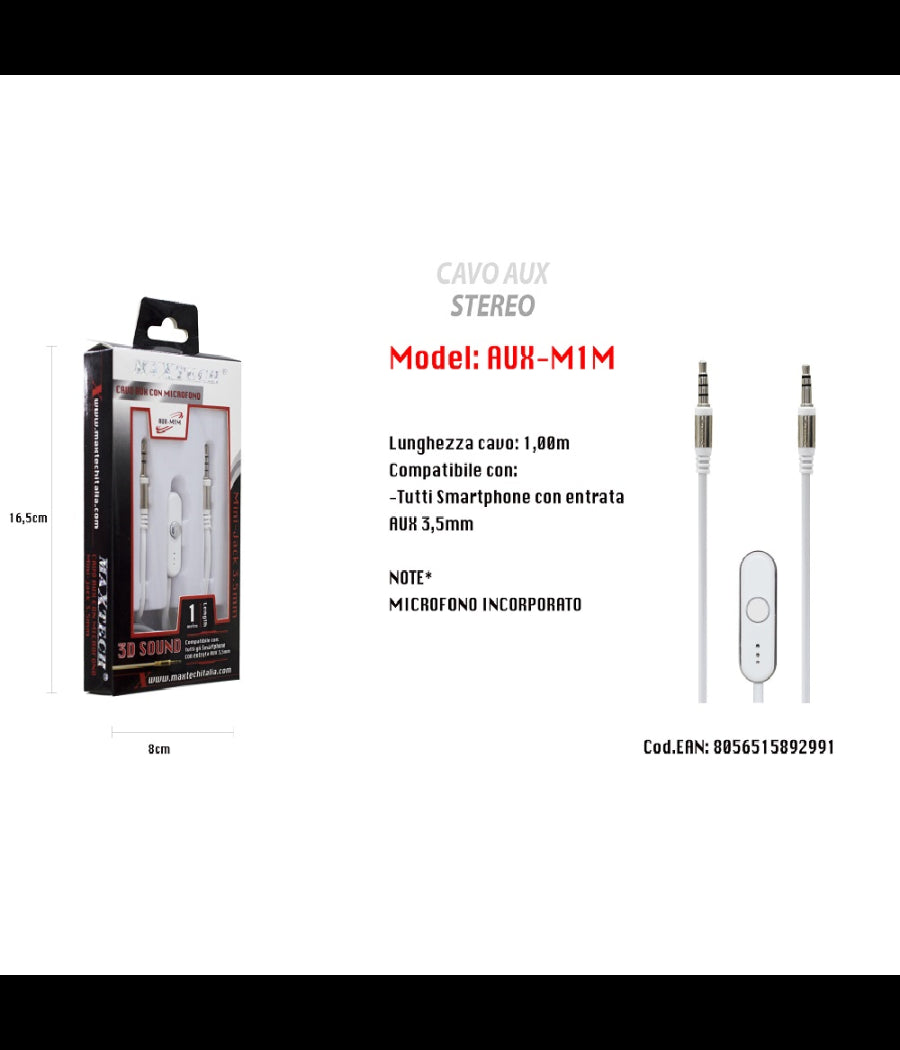 Cavo Audio 3,5mm Aux Stereo Con Microfono Incorporato Per Smartphone 1mt Maxtech Aux-m1m         