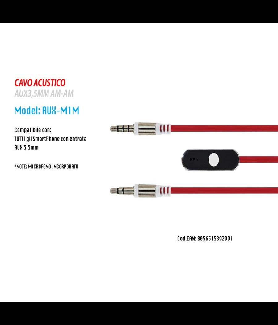 Cavo Audio 3,5mm Aux Stereo Con Microfono Incorporato Per Smartphone 1mt Maxtech Aux-m1m         