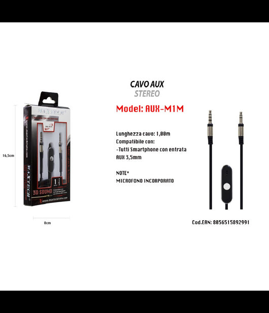 Cavo Audio 3,5mm Aux Stereo Con Microfono Incorporato Per Smartphone 1mt Maxtech Aux-m1m         