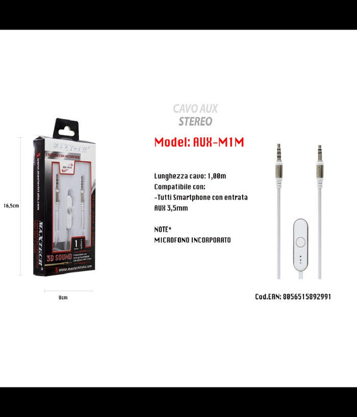 Cavo Audio 3,5mm Aux Stereo Con Microfono Incorporato Per Smartphone 1mt Maxtech Aux-m1m         