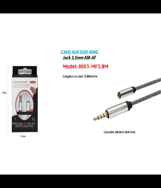 Cavo Audio Jack 3,5mm Da Maschio A Femmina Am/af 5mt Prolunga Aux Maxtech Aux3-mf5.0m         