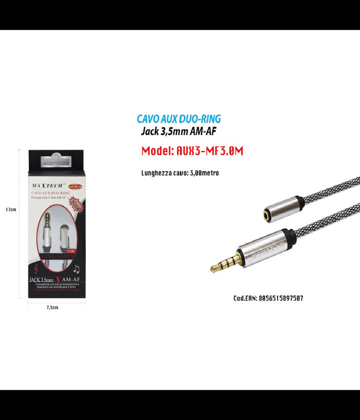 Cavo Audio Jack 3,5mm Maschio A Femmina Am/af 3mt Prolunga Aux Cuffie Maxtech Aux3-mf3.0m         