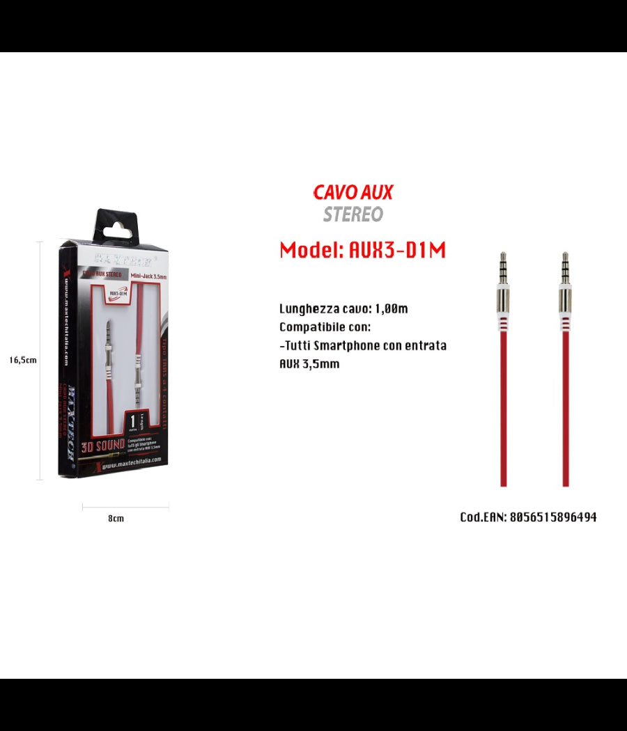 Cavo Aux Stereo 1mt Mini Jack 3,5mm Per Smartphone Tipo Trrs A 4 Contatti Maxtech Aux3-d1m         