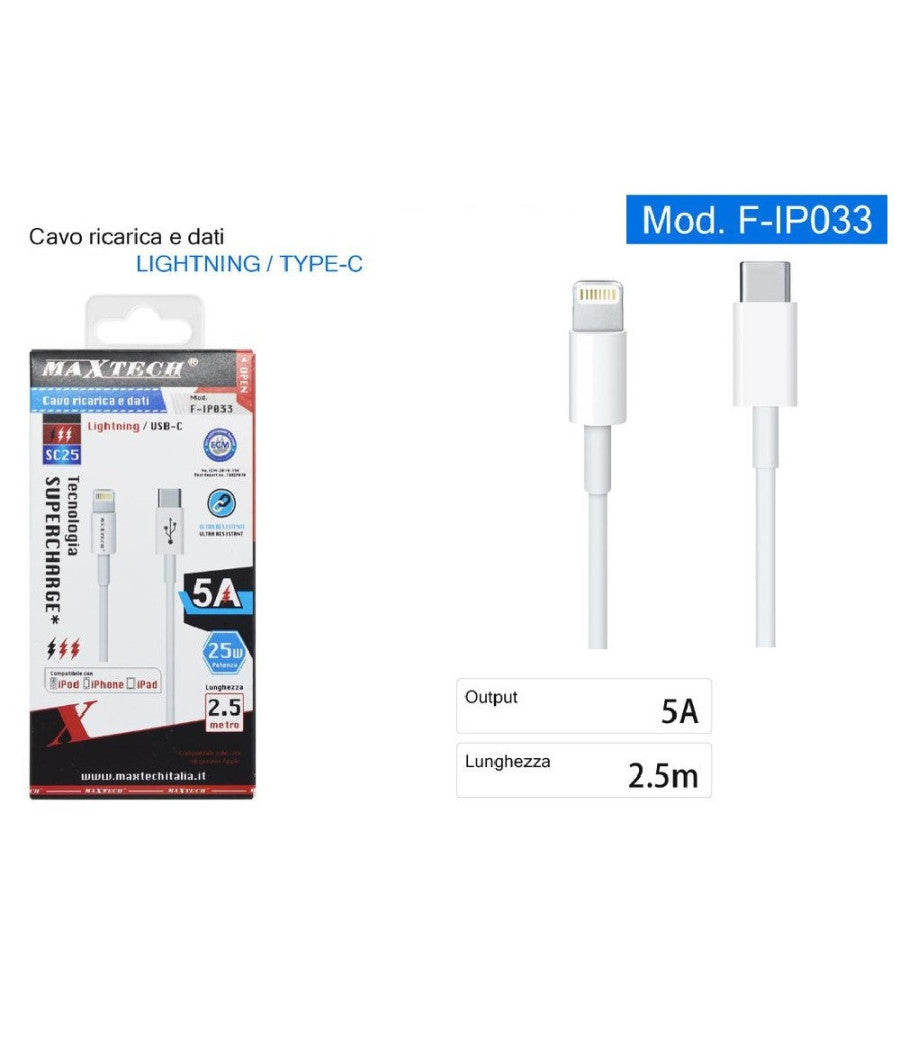 Cavo Dati Ricarica Lightning A Type-c 5a Super Carica Iphone Ipad 2.5 Mt F-ip033         