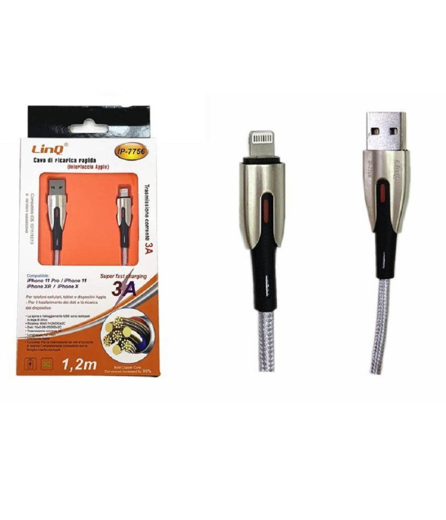 Cavo Di Ricarica Rapida 3a Usb Interfaccia Lightning Iphone Ios 1.2 Mt Ip-7756         