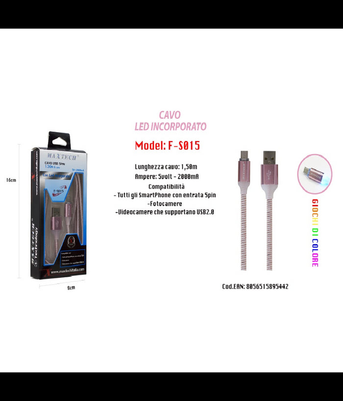 Cavo Di Ricarica Usb Led Incorporato Smartphone Fotocamere 5v-2000ma 1,50mt Maxtech F-s015         