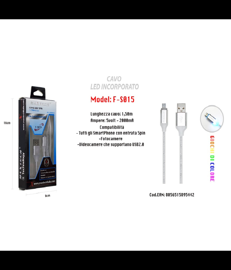 Cavo Di Ricarica Usb Led Incorporato Smartphone Fotocamere 5v-2000ma 1,50mt Maxtech F-s015         