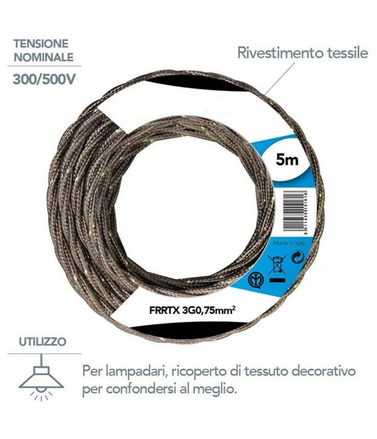 Cavo Elettrico In Tessuto Frrtx 5mt Intrecciato Per Lampada E Lampadario Bronzo         