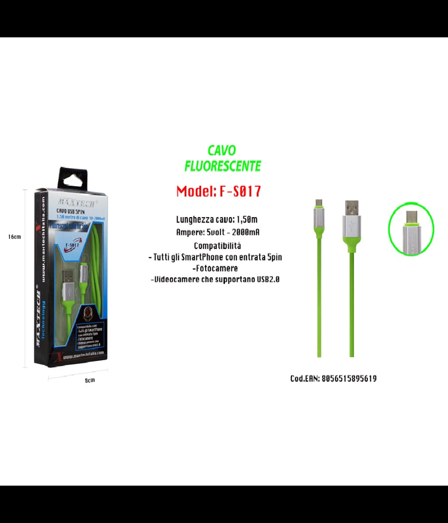 Cavo Fluorescente Ricarica Per Smartphone 5pin 1,50mt 5volt - 2000ma Maxtech F-s017         