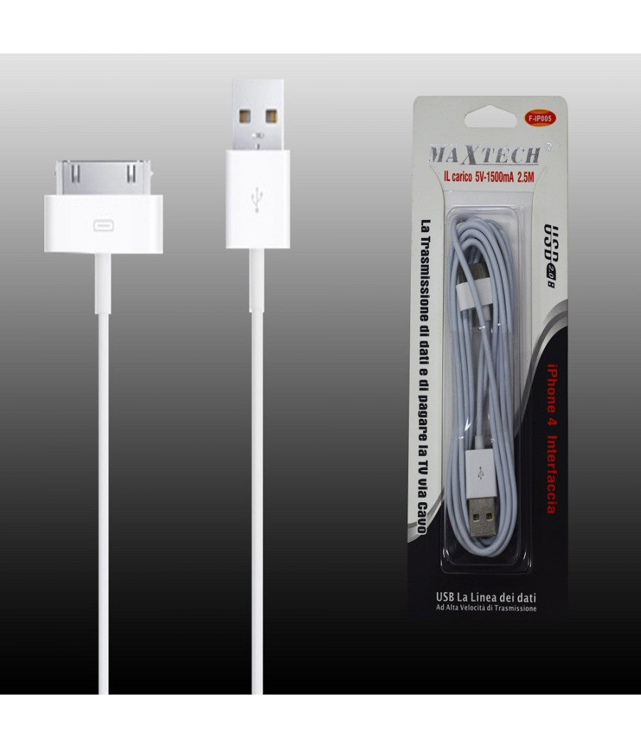 Cavo Lightning Apple Iphone 4 Da 30 Pin A Usb 5v-1500ma 2.5mt Maxtech F-ip005         