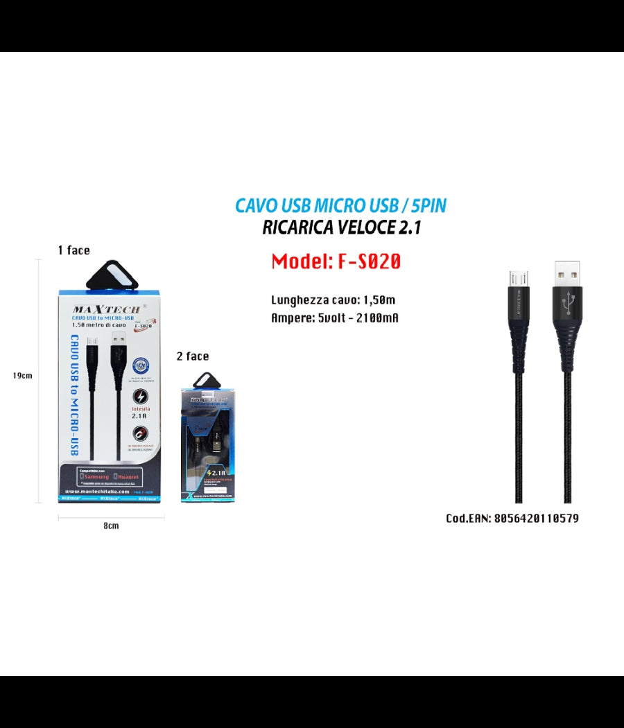 Cavo Micro Usb 1.5mt Dati Caricabatteria Usb Per Samsung Huawei Maxtech F-s020         