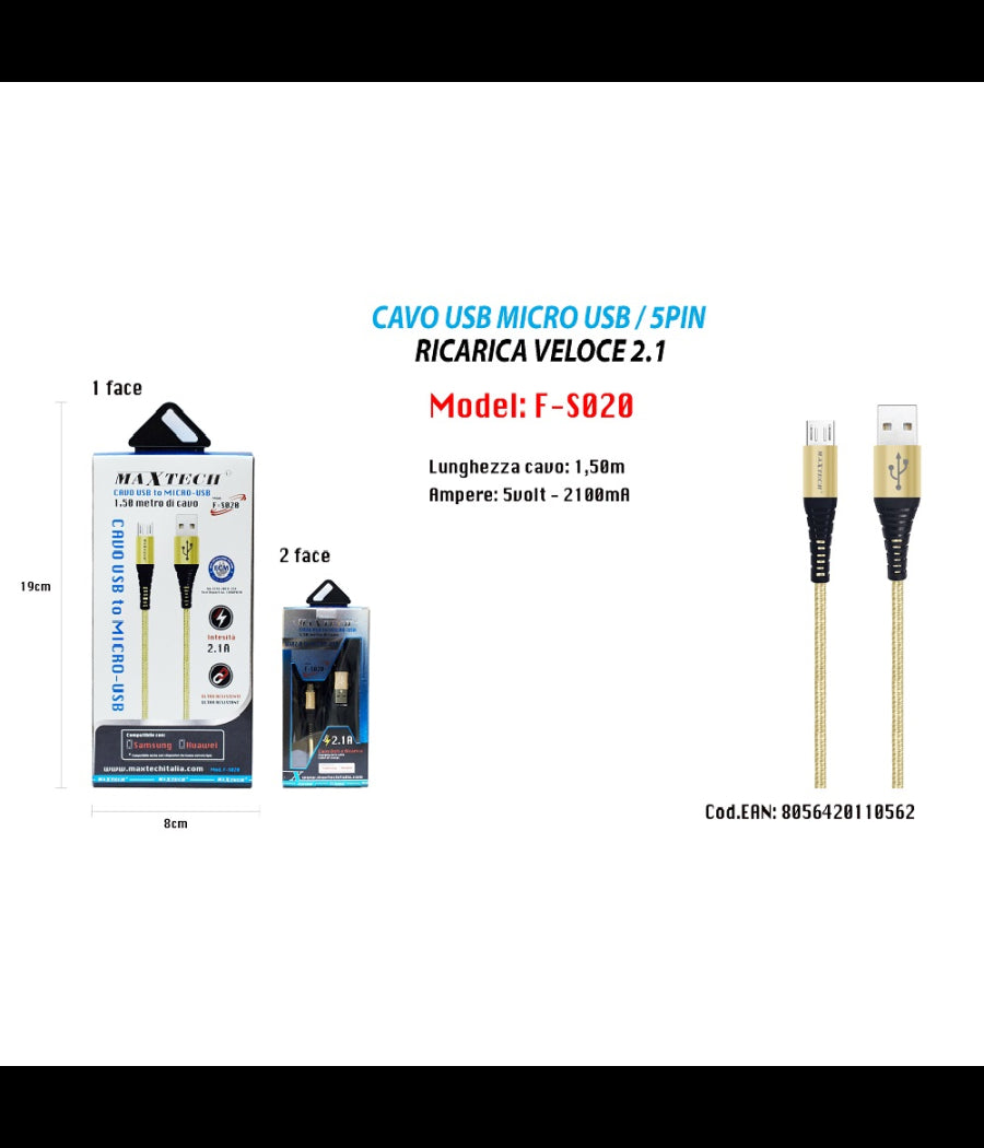 Cavo Micro Usb 1.5mt Dati Caricabatteria Usb Per Samsung Huawei Maxtech F-s020         