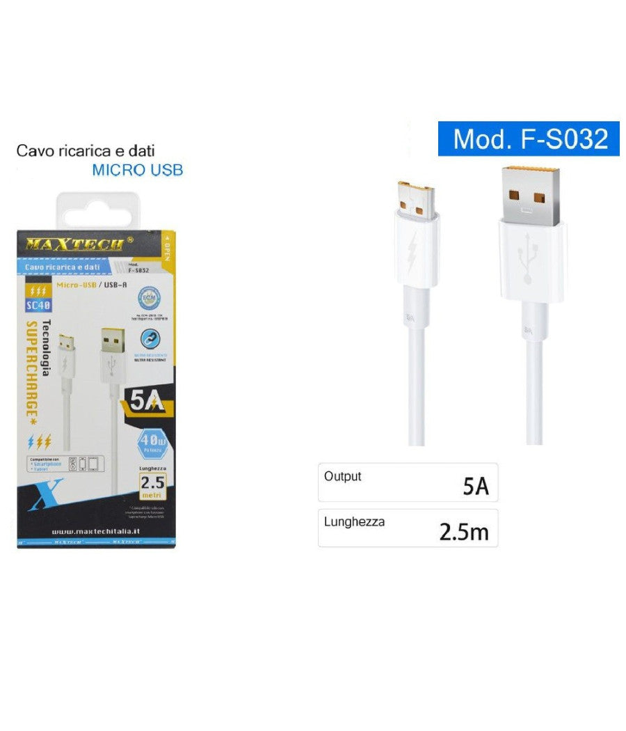 Cavo Micro Usb 2.5mt Supercharge Ricarica Rapida 5a Dati Smartphone F-s032 Tablet         