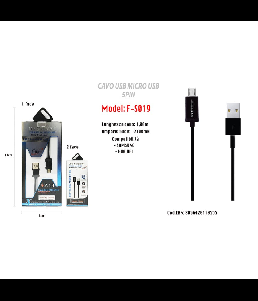 Cavo Micro Usb 5pin Smartphone Samsung Huawei Cavetto Di Ricarica Maxtech F-s019         