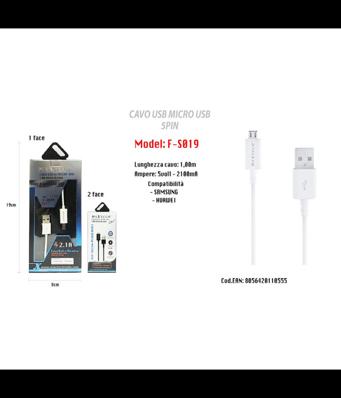 Cavo Micro Usb 5pin Smartphone Samsung Huawei Cavetto Di Ricarica Maxtech F-s019         