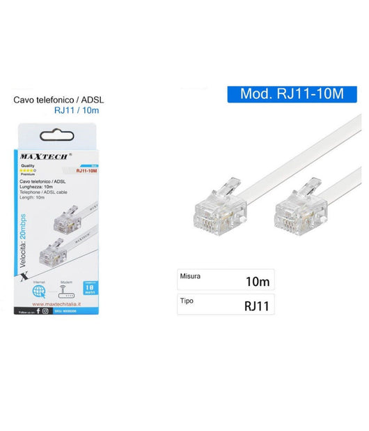 Cavo Prolunga Telefonica Rj11 10mt Maxtech Rj11-10m Collegamento Modem Telefonico         