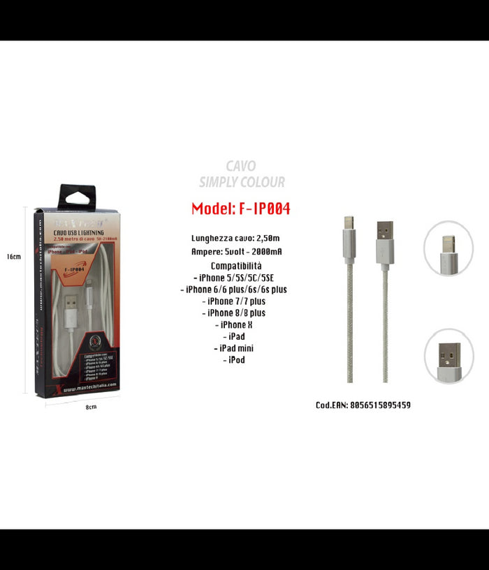 Cavo Simply Colour Per Iphone Ipad Ipod 5volt - 2000ma 2,50mt Maxtech F-ip004         