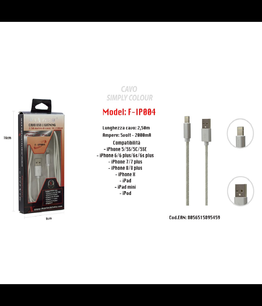 Cavo Simply Colour Per Iphone Ipad Ipod 5volt - 2000ma 2,50mt Maxtech F-ip004         