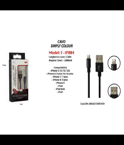 Cavo Simply Colour Per Iphone Ipad Ipod 5volt - 2000ma 2,50mt Maxtech F-ip004         