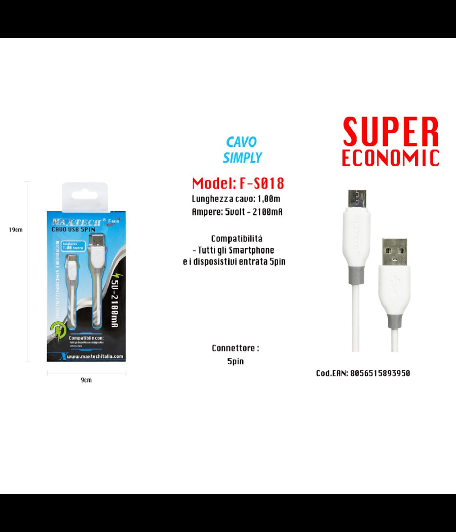 Cavo Simply Usb Connettore 5pin Per Smarthphone 5volt - 2100ma 1,0mt Maxtech F-s018         