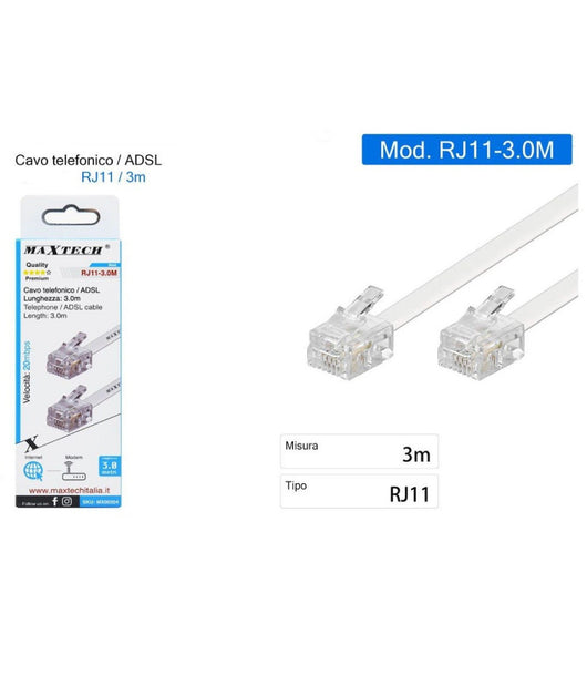 Cavo Telefonico Rj11 3mt Collegamento Telefonico Prolunga Modem Maxtech Rj11-3.0m         